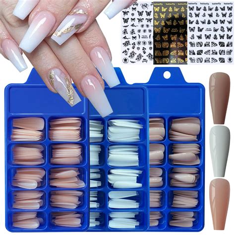 Pc Nude Pink Coffin False Nails Set With Butterfly Nail Stickers Diy Acrylic Nail Tips For