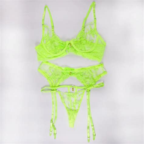 Ensemble lingerie Sexy broder sensuel 4 pièces Dentelle fleur Jaune Type 3PCS Neon