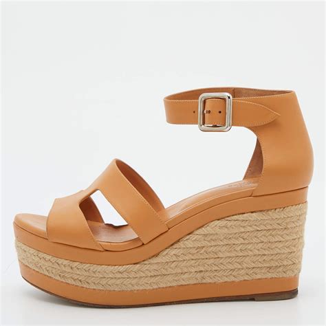 Hermes Tan Leather Ilana Espadrille Wedge Sandals Size Hermes The