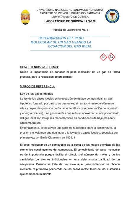 Práctica De Laboratorio No 5 Determinación Del Peso Molecular De Un Gas Facultad De Ciencias