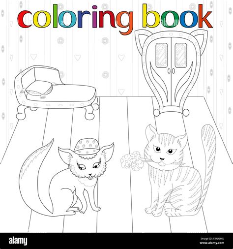Rendezvous Of Cat And Pussy For Coloring Book Valentines Motif Hand Drawing Cartoon Vector