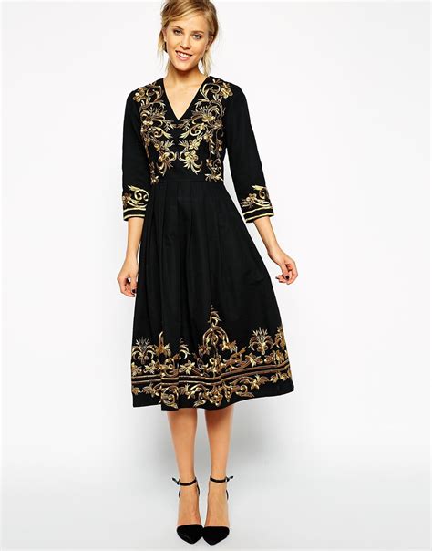 Lyst Asos Premium Midi Dress With Metallic Embroidery In Black