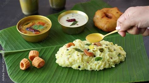 Ven Pongal Khara Pongal Sambar Coconut Chutney Woman Hand Serving