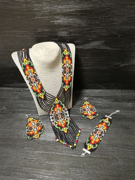 Huichol Beadwork Art Colorful Geometriy Jewelry Set Necklace Etsy