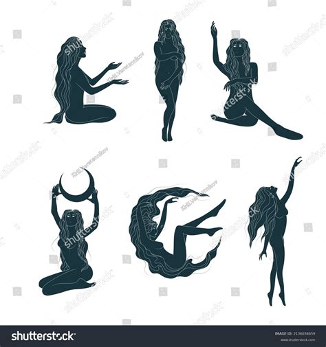 Celestial Naked Female Silhouettes Different Poses Stock Vector Royalty Free