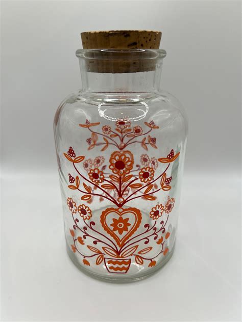 Vintage Wheaton Glass Jar With Cork Lid Scandinavian Folk Design Orange Country Decor Etsy