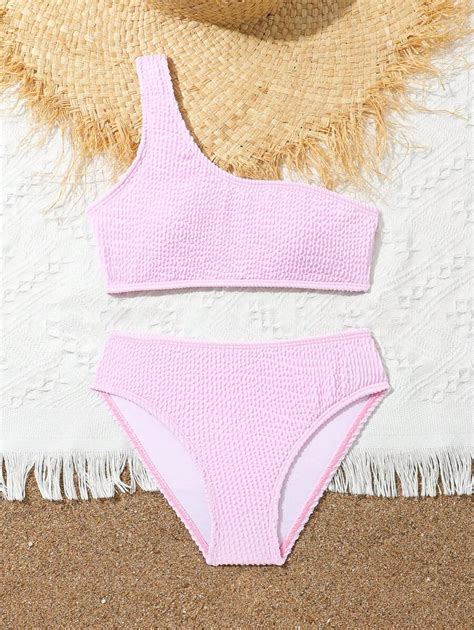 Conjunto de Maiô Bikini Ombro Único Franzido e Liso para Meninas