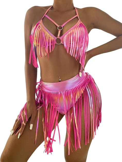 Amazon Mingseecess Women Sexy Metallic Bikini Set Holographic Swimsuit Tankini Tassels