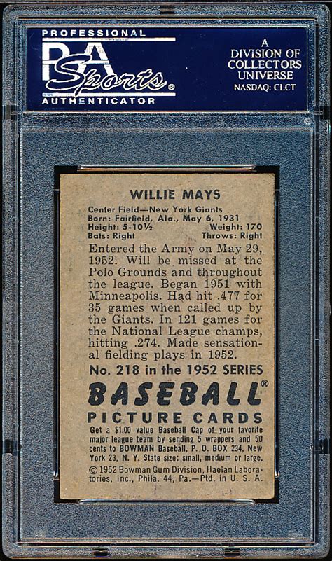 Lot Detail 1952 Bowman Baseball 218 Willie Mays Giants PSA Vg 3