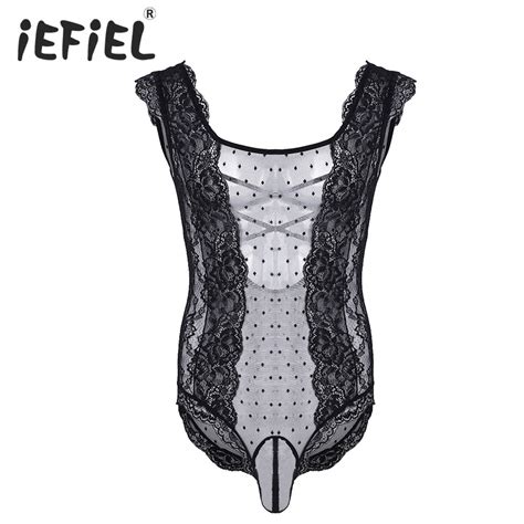 Mens Floral Lace Polka Dots See Through Mesh Sexy Bodysuit Sissy Sexy Lingerie China Sissy