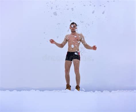 Naked Man In The Snow Healthy Cold Swim Winter Fun Tempering Procedures Stock Image Image
