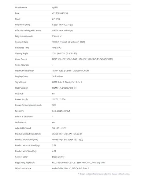 AOC Q27T1 27inch IPS FreeSync QHD Monitor | Monitors | Scorptec Computers