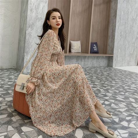 ⭐ready Stock Korean Women Floral Long Sleeve One Piece Dress Midi