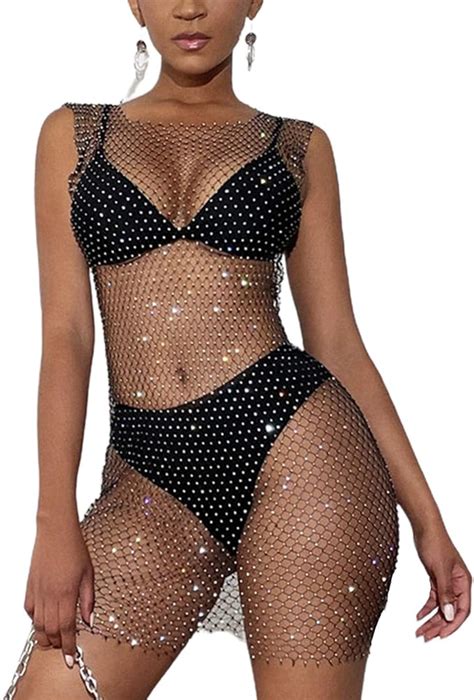 Gulirife Damen Sexy Strass Durchsichtig Mesh Kleid Bikini Badeanzug Cover Up Rave Festival Club