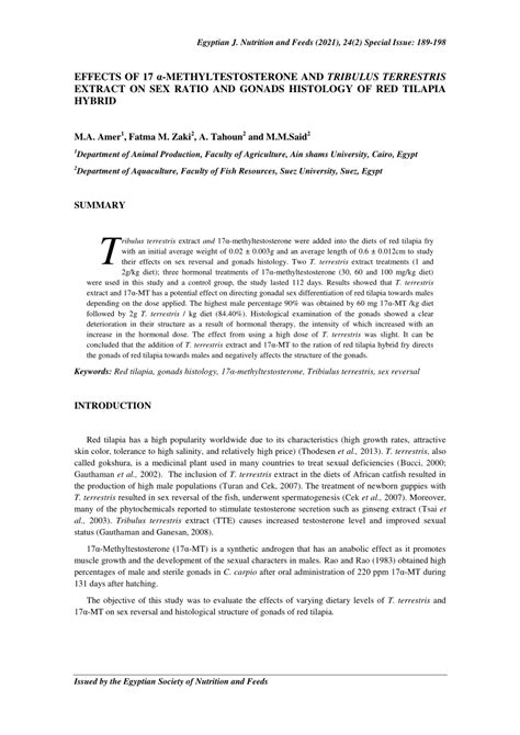 PDF EFFECTS OF 17 α METHYLTESTOSTERONE AND TRIBULUS TERRESTRIS EXTRACT ON SEX RATIO AND GONADS