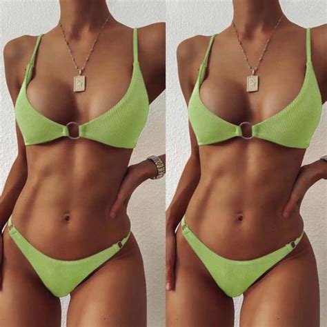 Bikini Femmes Sexy Mode Deux Pièces Couleur Unie Maillots De Bain Maillot Ensemble Vert