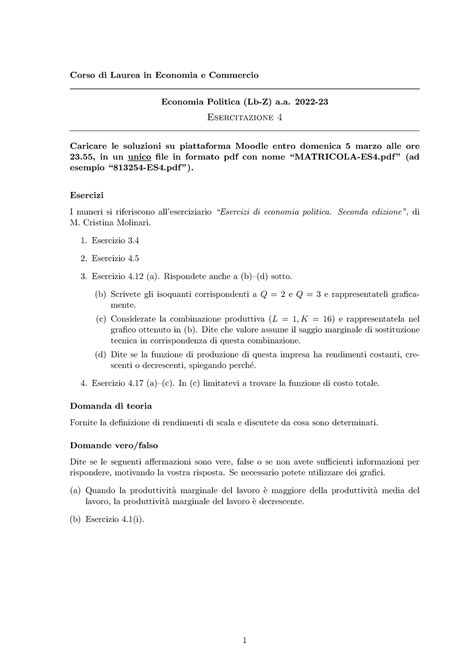 Esercitazione Economia Politica As Prof Molinari Corso Di