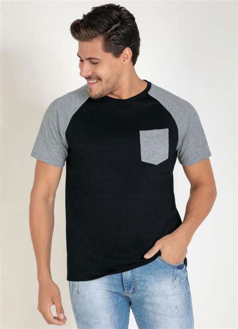 Camiseta Preta E Mescla Bolso Queima De Estoque