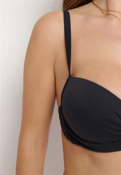 Czarne Bikini Usztywniany Biustonosz z Ozdobnym Marszczeniem Pary Majtek Figi z Wiązaniem i