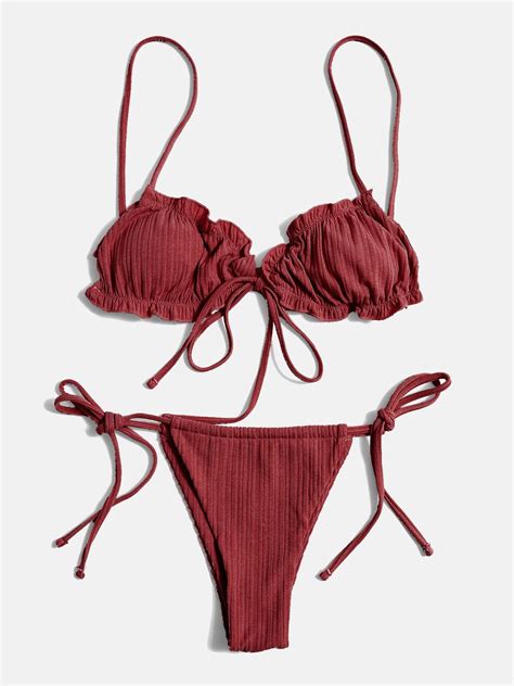 Emmiol Free Shipping 2025 Lace Up Ribbed Bikini Set Burgundy L In Bikini Sets Online Store EMMIOL