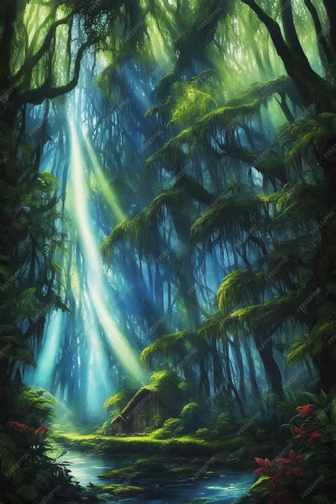 Premium AI Image | Enchanted rainforest of haunted cottage the sun's