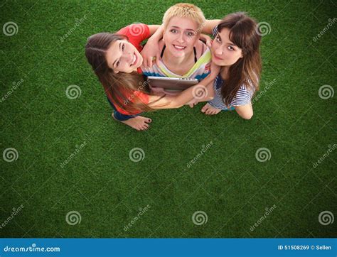 Three Women With Naked Feet Standing In Grass Stock Image Image Of Park Outside 51508269