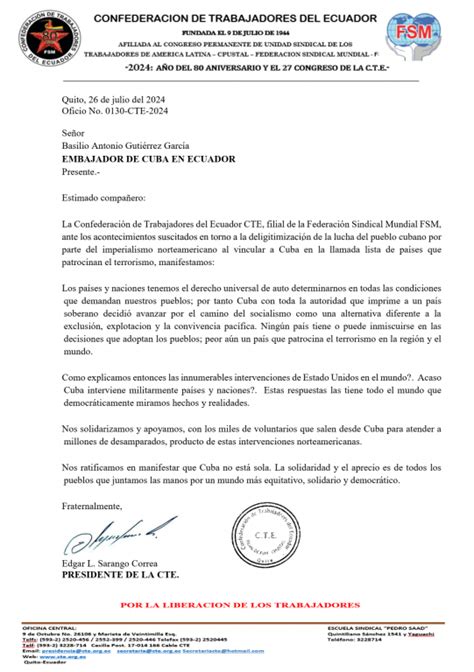 Pronunciamiento De La Confederaci N De Trabajdores Del Ecuador Sobre