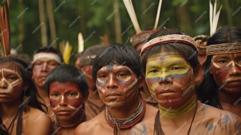 Premium Photo | Group photo of amazonian indigenous people staring into the camera with ...