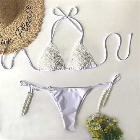 Sexy Women White Bikini With Pearl Sexy Swimsuit Bandage Sling Two Piece Bathing Suit Buy