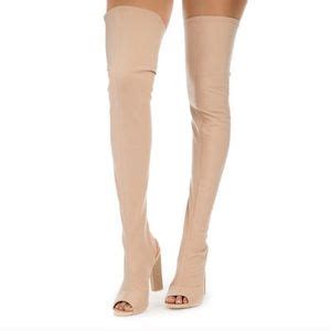 Cape Robbin Shoes Peep Toe Lyra Stacked Heel Thigh High Boots Nude Poshmark