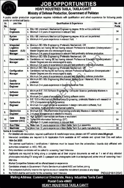 Heavy Industries Taxila Jobs October 2023