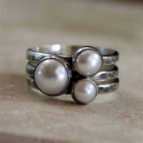 Pearl Stacking Rings Sterling Silver Set Of Three Stackable