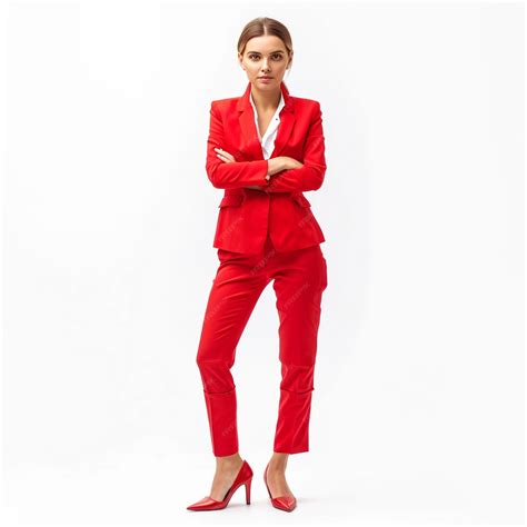Premium Photo Businesswoman In A Red Suit On A White Background