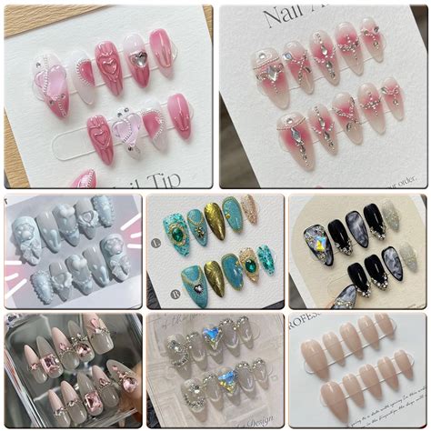 Handmade Artificial Nail Almond Shaped Blush Diamond Ice Nude Color Black Babes Hand Painted