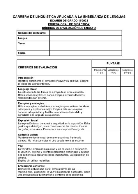 Guía de calificación prueba oral DIDÁCTICA-1 - CARRERA DE LINGÜÍSTICA