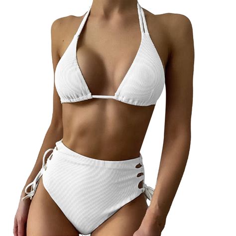 Sngxgn Bikini Set For Women Two Piece Swimsuit V Neck Top Wide Straps Mid Rise White S
