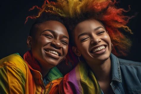 Premium Photo Expressive Pride Photo Of A Lesbian Couple With A Rainbow Flag Pride Month