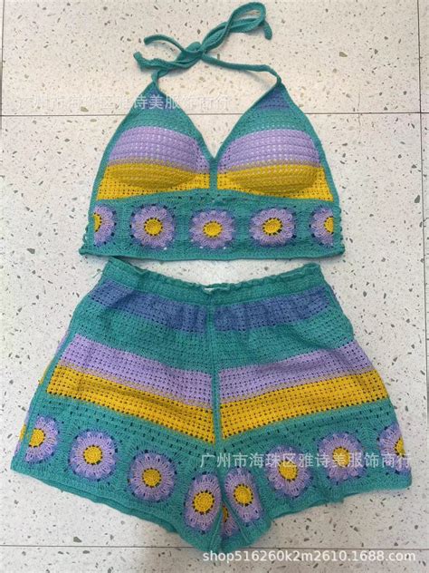 Mesh Lace Knit Set Piece Includes Pants And Bra Beach Bikini Set With Super Cute Color