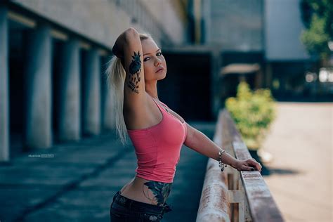 Women S Pink Tank Top Women Portrait T Shirt Jean Shorts Tattoo Blonde HD Wallpaper