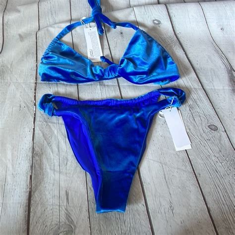 Frankie S Bikinis Swim Frankies Bikinis Gabe Blue Velvet Halter Top Cheeky Bottoms Bikini