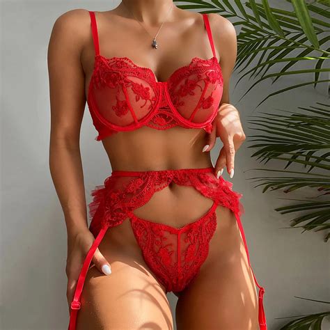 Push Up Garter Sexy Lingerie Set Embroidered Lace Belt Lingerie Set For Women Hollow Sheer Bra