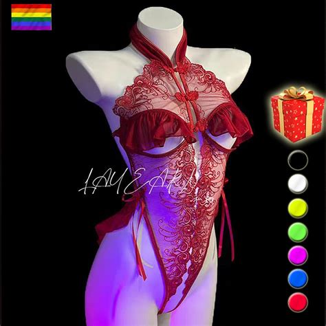 Lace Babydoll Lingerie For Women Floral Snap Crotch Teddy Chemise Nightie Nightgown Qipao