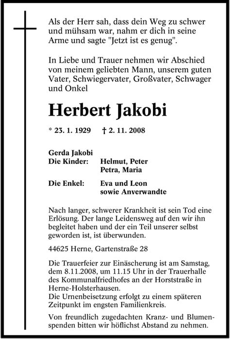 Traueranzeigen Von Herbert Jakobi Trauer In Nrw De