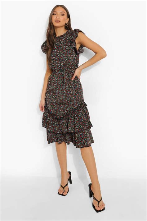 Womens Mixed Print Frill Hem Midi Dress Boohoo Uk