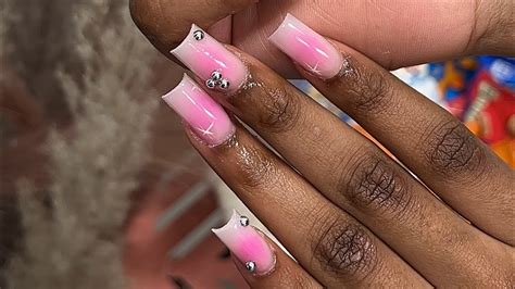 Milky Pink Nails W Airbrush Design 💗💨 Airbrush Nails Silver Chrome Pearls Watch Me Work