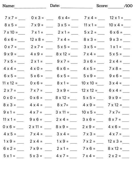 10 druckbare Multiplikations Arbeitsblätter füllen Sie Lücken