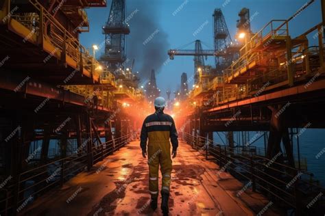 Premium Ai Image An Offshore Oil Rig Worker Walks To An Oil And Gas