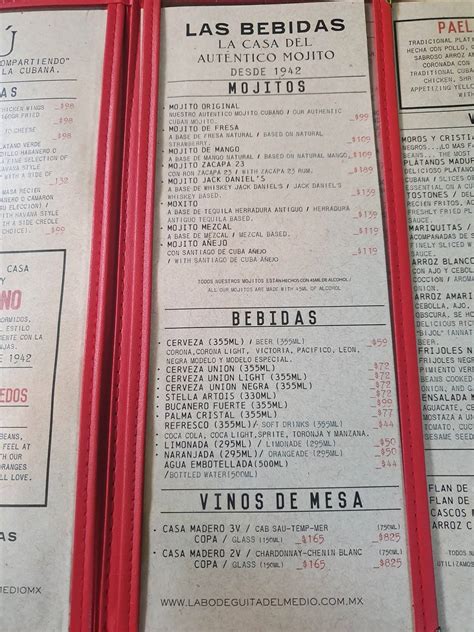 Carta Del Pub Y Bar La Bodeguita Del Medio Cdmx Ciudad L Pez Mateos