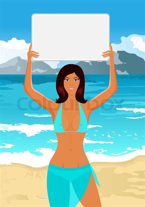 Illustration Mädchen im Bikini mit Banner am Strand Vektor Stock Vektor Colourbox