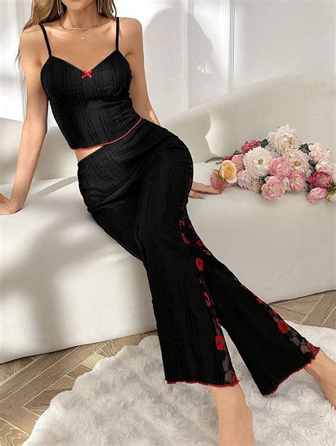 Women S Sexy Lip Patchwork Lace Cami Top And Panties See Through Lingerie Set With Strappy Back